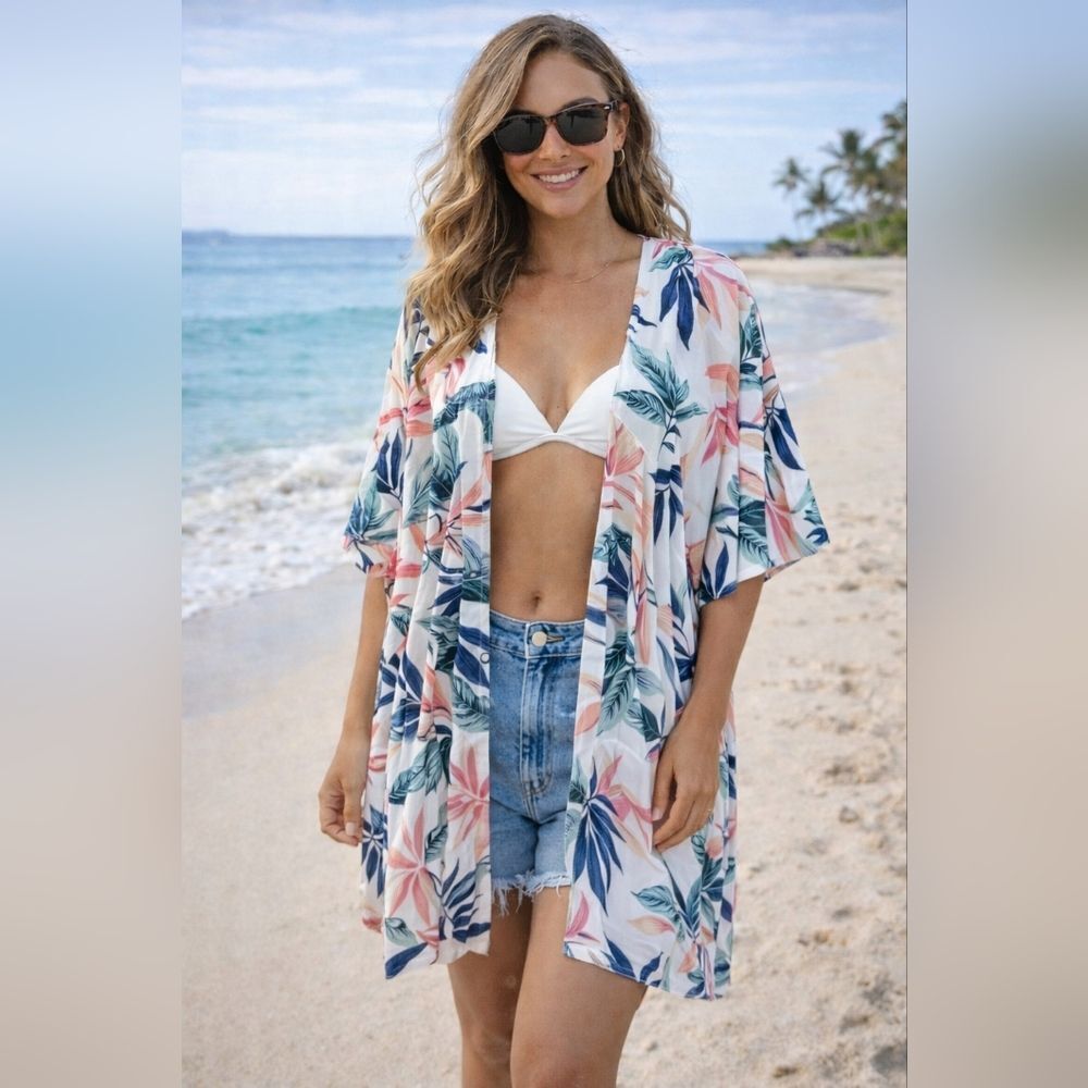 Japna Floral Open Front Kimono Swim Cover Up Hawaiian Floral Leaves One Size